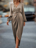 Women's Midi Wrap Dress - V-Neck - Long Sleeves - Asymmetric Slit - Elegant Formal Look