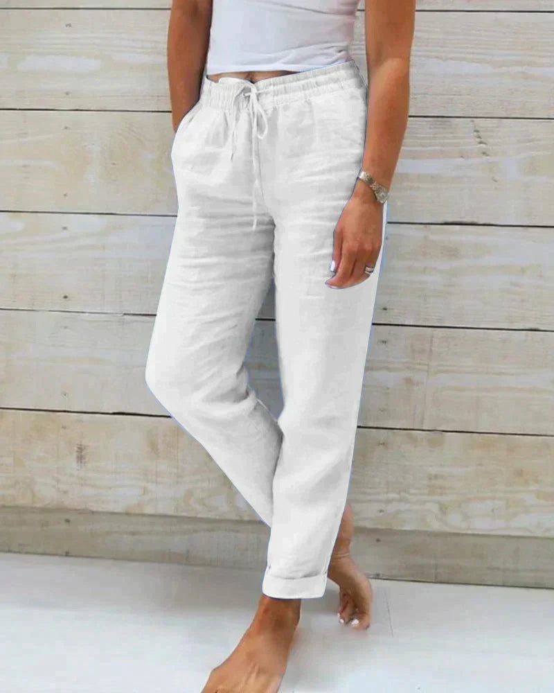 Women's Pants - Relaxed Fit - 100% Linen - Elastic Waist with Drawstring - With Side Pockets