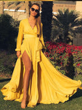 Women's Maxi Dress - V-Neck Wrap Design - Long Sleeves - High Slit Elegant Cut