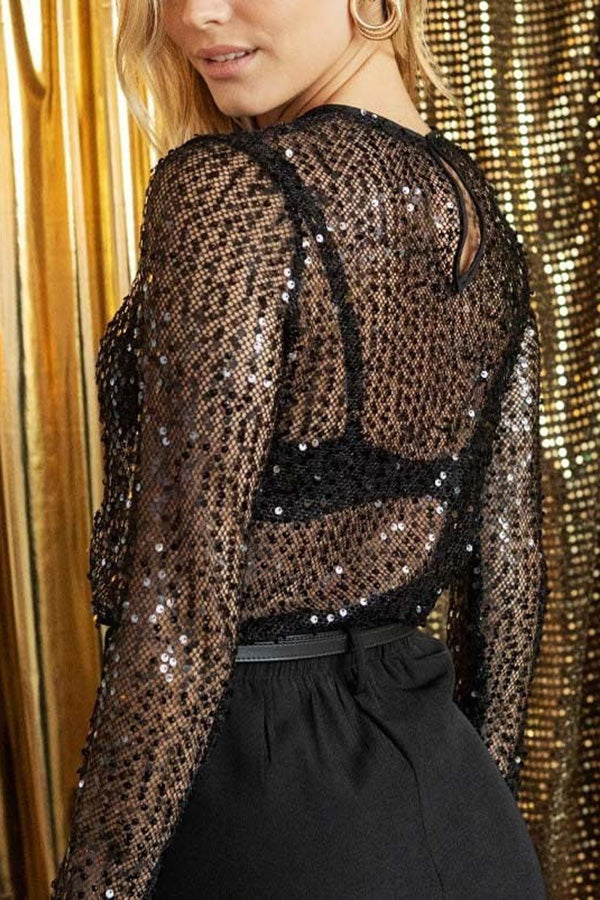 Women's Blouse - Long Sleeves - Shiny Sequins - Elegant Party Top