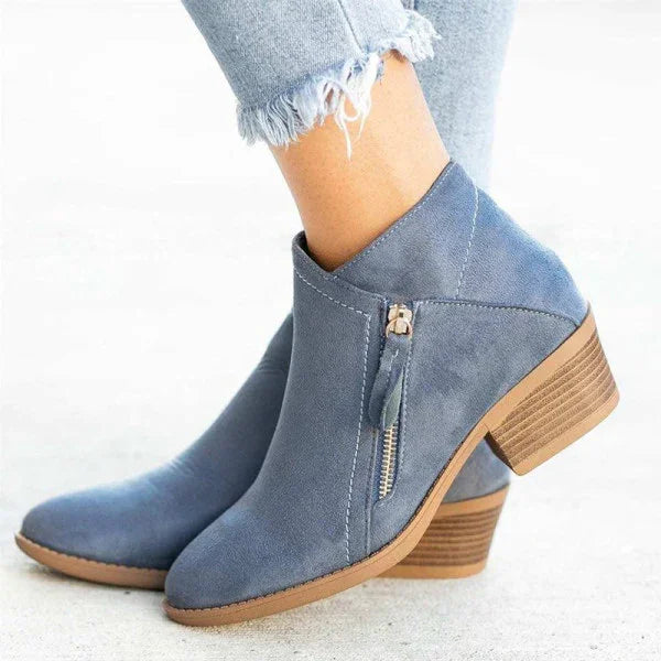 Women's Ankle Boots – Soft Suede – Side Zipper – Comfortable Low Heel