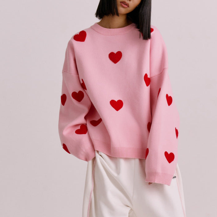 Oversized Fit Heart Pattern Knit Sweatshirt