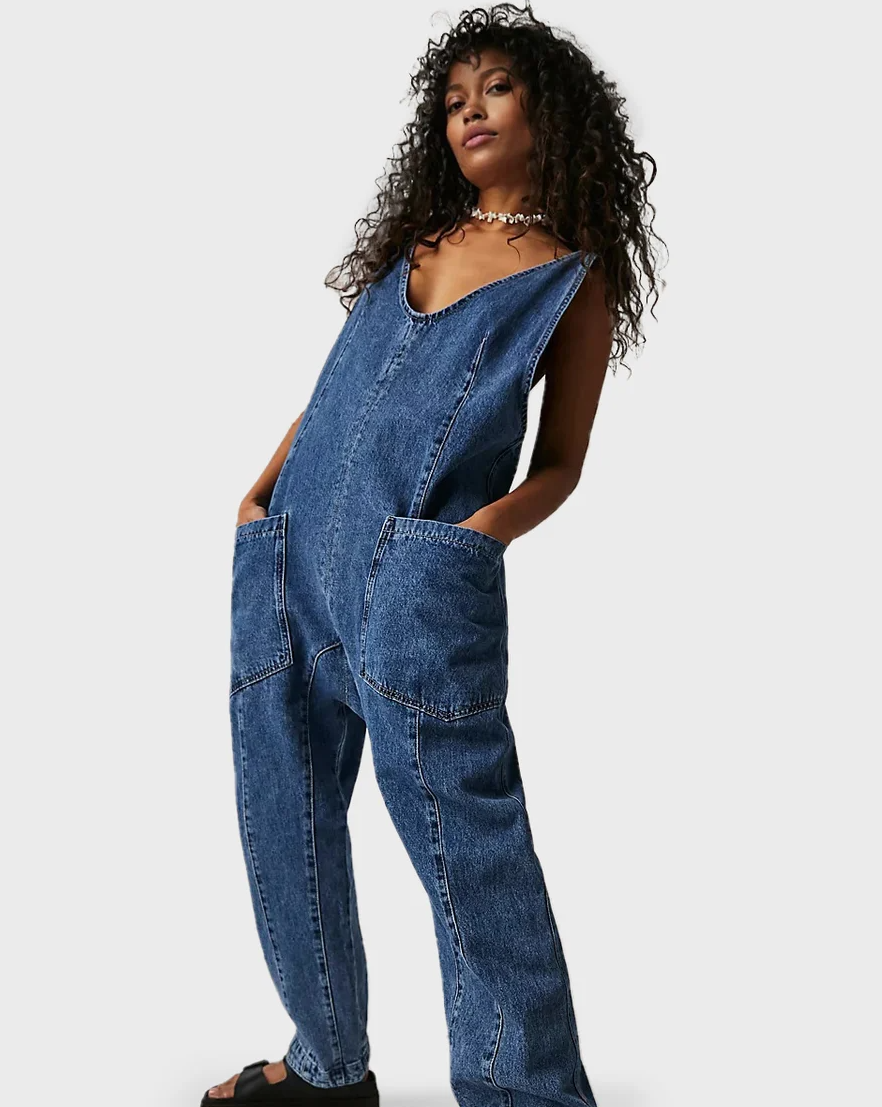 Loose Fit Sleeveless V-Neck Denim Jumpsuit
