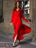 Women's Maxi Dress - V-Neck Wrap Design - Long Sleeves - High Slit Elegant Cut