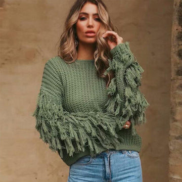 Fringe Sleeve Chunky Knit Relaxed Sweatshirt
