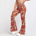 Women's Sectioned Pants - High Waist - Floral Pattern - Retro Flared Design