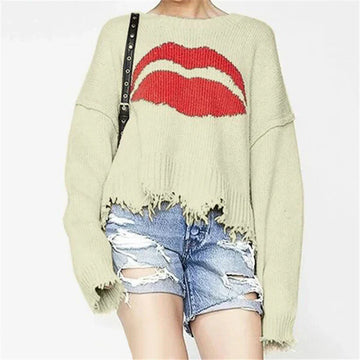 Chunky Knit Wool Lip Motif Oversized Sweater
