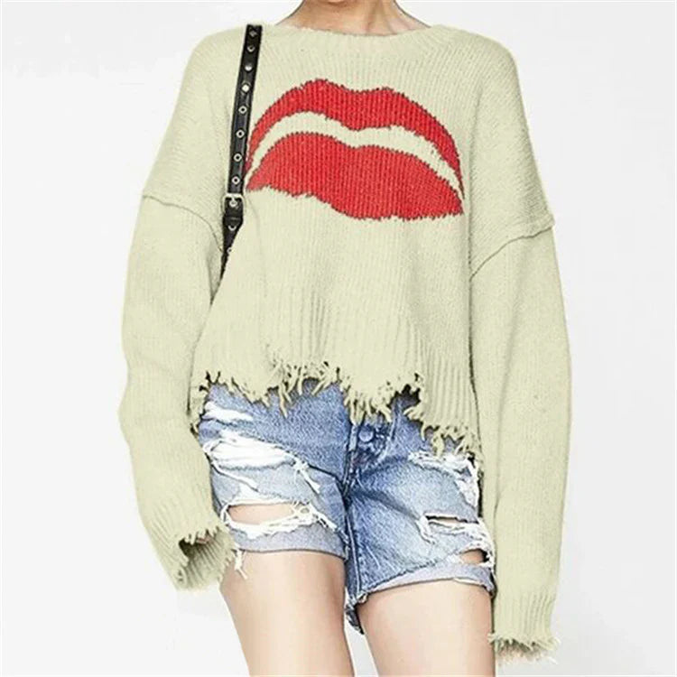 Oversized Lip Motif Wool Knit Sweater