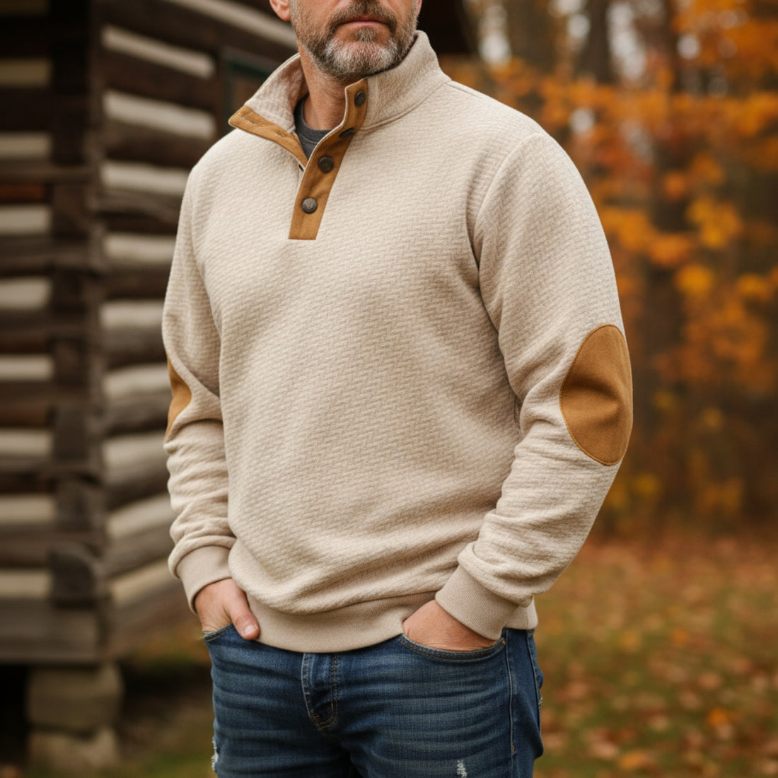 Stand Collar Elbow Patch Relaxed Sweatshirt