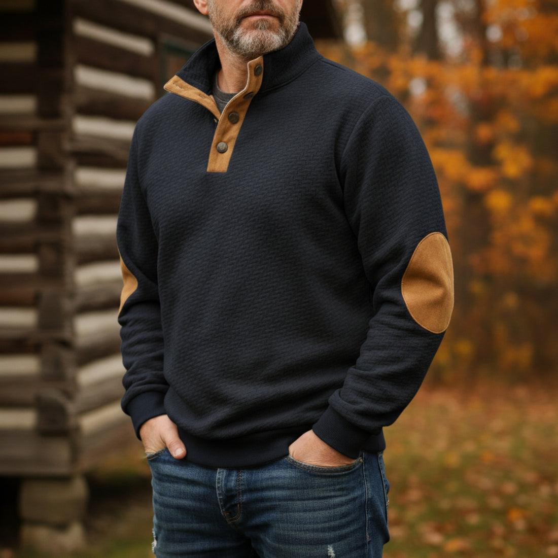 Stand Collar Elbow Patch Relaxed Sweatshirt