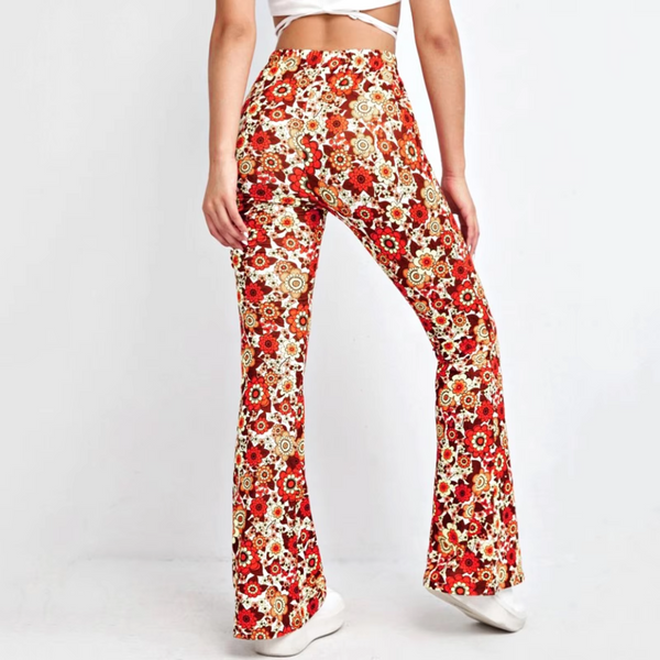 Women's Sectioned Pants - High Waist - Floral Pattern - Retro Flared Design