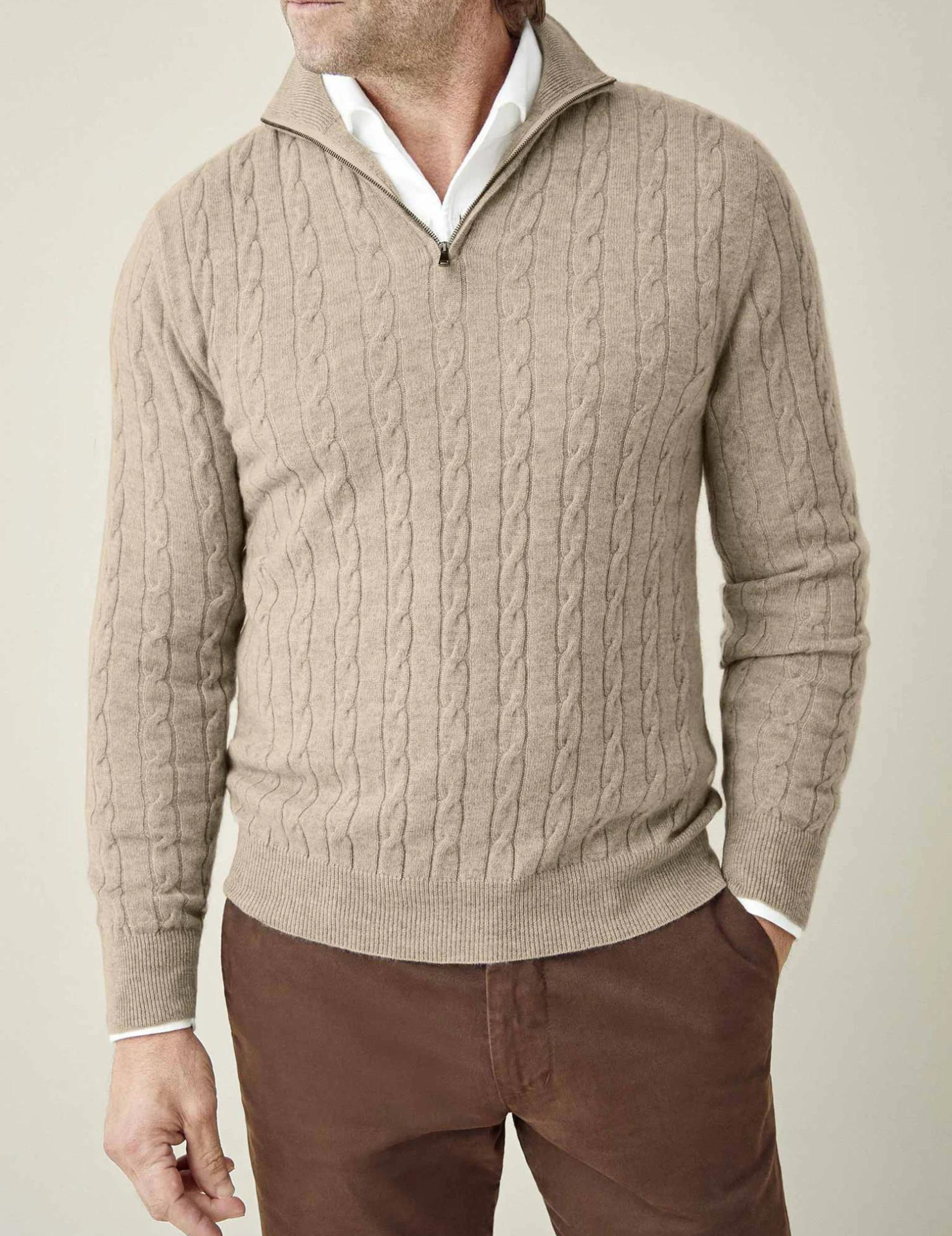 Men's Sweater in Cable Knit – Wool Blend – Half Zipper – Smart Casual Fit