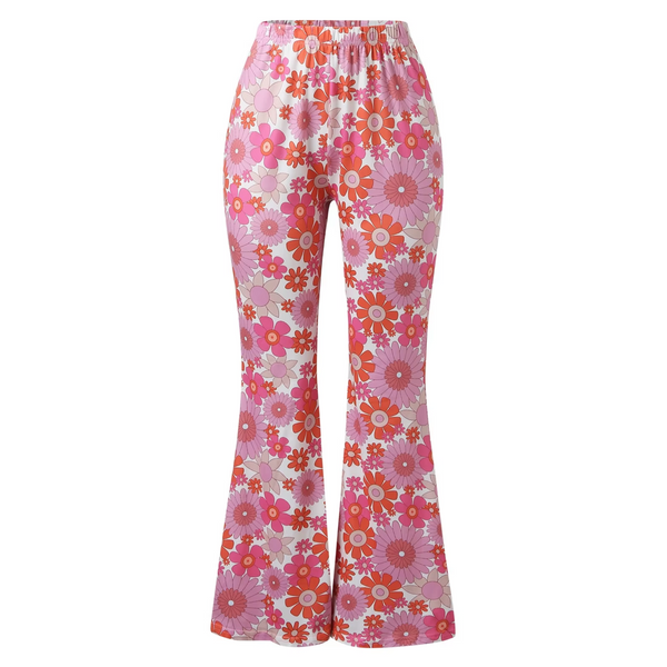 Women's Sectioned Pants - High Waist - Floral Pattern - Retro Flared Design