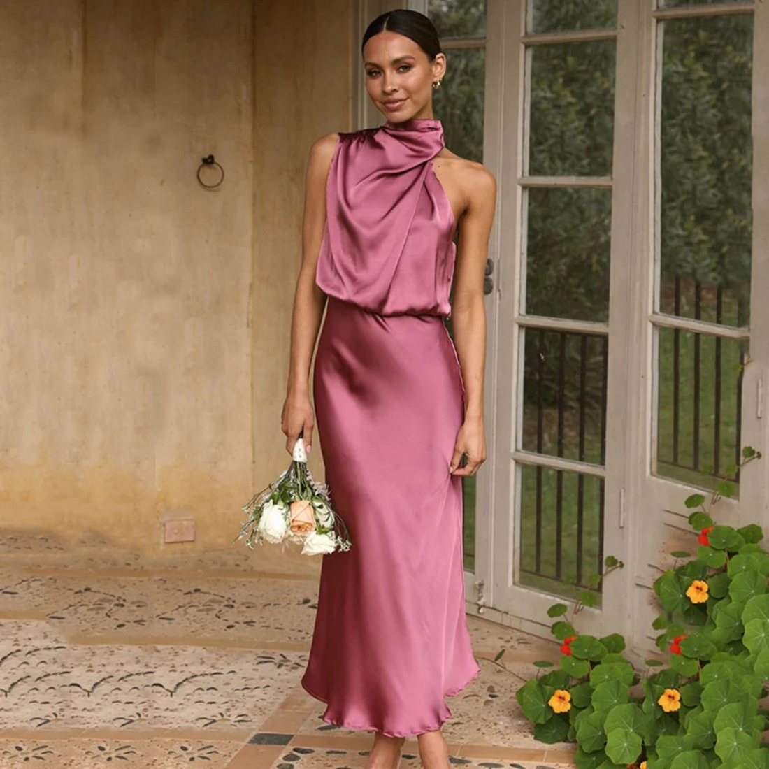 Satin Look Halterneck Fitted Evening Dress