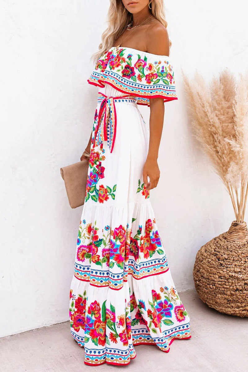 Women's Maxi Dress - Bohemian Style - Off-Shoulder - Floral Print - Ruffle Details - Tie Belt