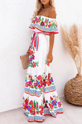 Women's Maxi Dress - Off-Shoulder with Ruffle Detail - Floral Print - Tie at the Waist