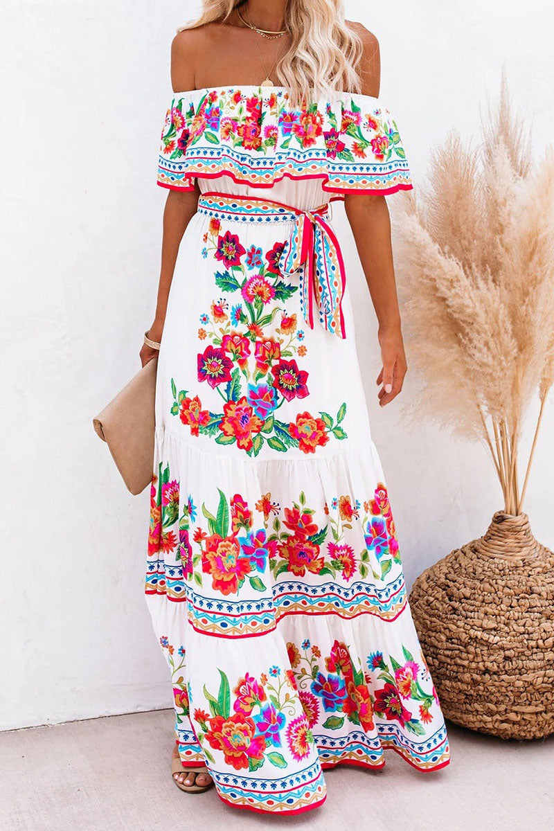 Women's Maxi Dress - Off-Shoulder with Ruffle Detail - Floral Print - Tie at the Waist