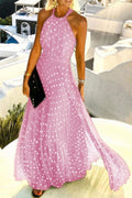 Women's Maxi Dress - Halterneck - Light and Airy - Polka Dot Pattern - Pleated Skirt