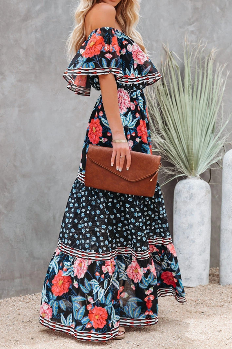 Women's Maxi Dress - Bohemian Style - Off-Shoulder - Floral Print - Ruffle Details - Tie Belt