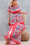 Women's Maxi Dress - Bohemian Style - Off-Shoulder - Floral Print - Ruffle Details - Tie Belt