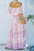 Women's Maxi Dress - Off-Shoulder with Ruffle Detail - Floral Print - Tie at the Waist