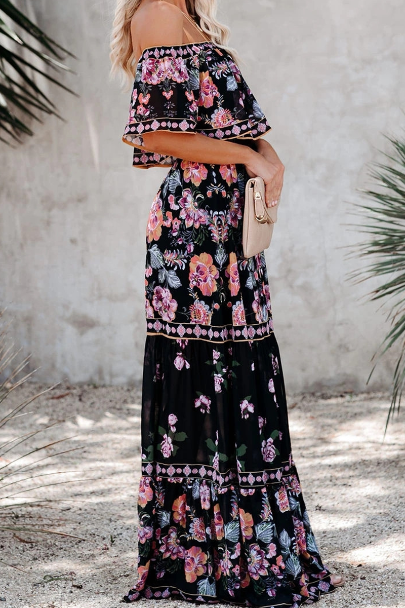 Women's Maxi Dress - Bohemian Style - Off-Shoulder - Floral Print - Ruffle Details - Tie Belt