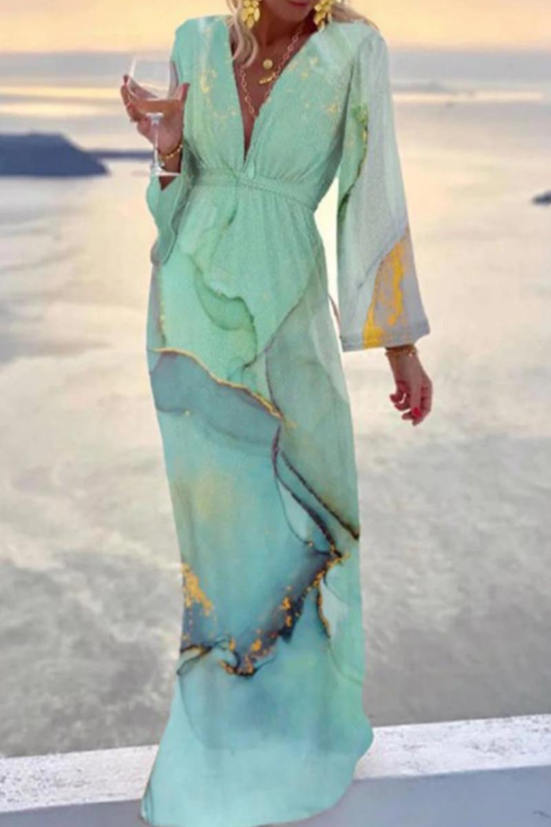 Women's Maxi Dress - Deep V-Neck - Long Sleeves - Flowy Elegance - Modern Pattern