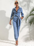 Women's Denim Jumpsuit - Fitted Fit - Belt at Waist - Long Sleeves - Button Closure