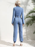 Women's Denim Jumpsuit - Fitted Fit - Belt at Waist - Long Sleeves - Button Closure