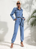 Women's Denim Jumpsuit - Fitted Fit - Belt at Waist - Long Sleeves - Button Closure