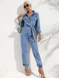 Women's Denim Jumpsuit - Fitted Fit - Belt at Waist - Long Sleeves - Button Closure