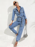 Women's Denim Jumpsuit - Fitted Fit - Belt at Waist - Long Sleeves - Button Closure