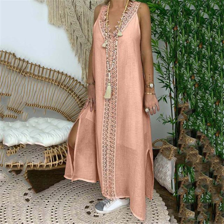 Breathable Cotton Lace Trim Relaxed Maxi Dress