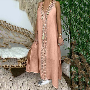 Breathable Cotton Lace Trim Relaxed Maxi Dress