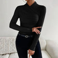 Women's Wrap Blouse - Long-Sleeved - Asymmetrical High Neck - Elegant Slim Fit