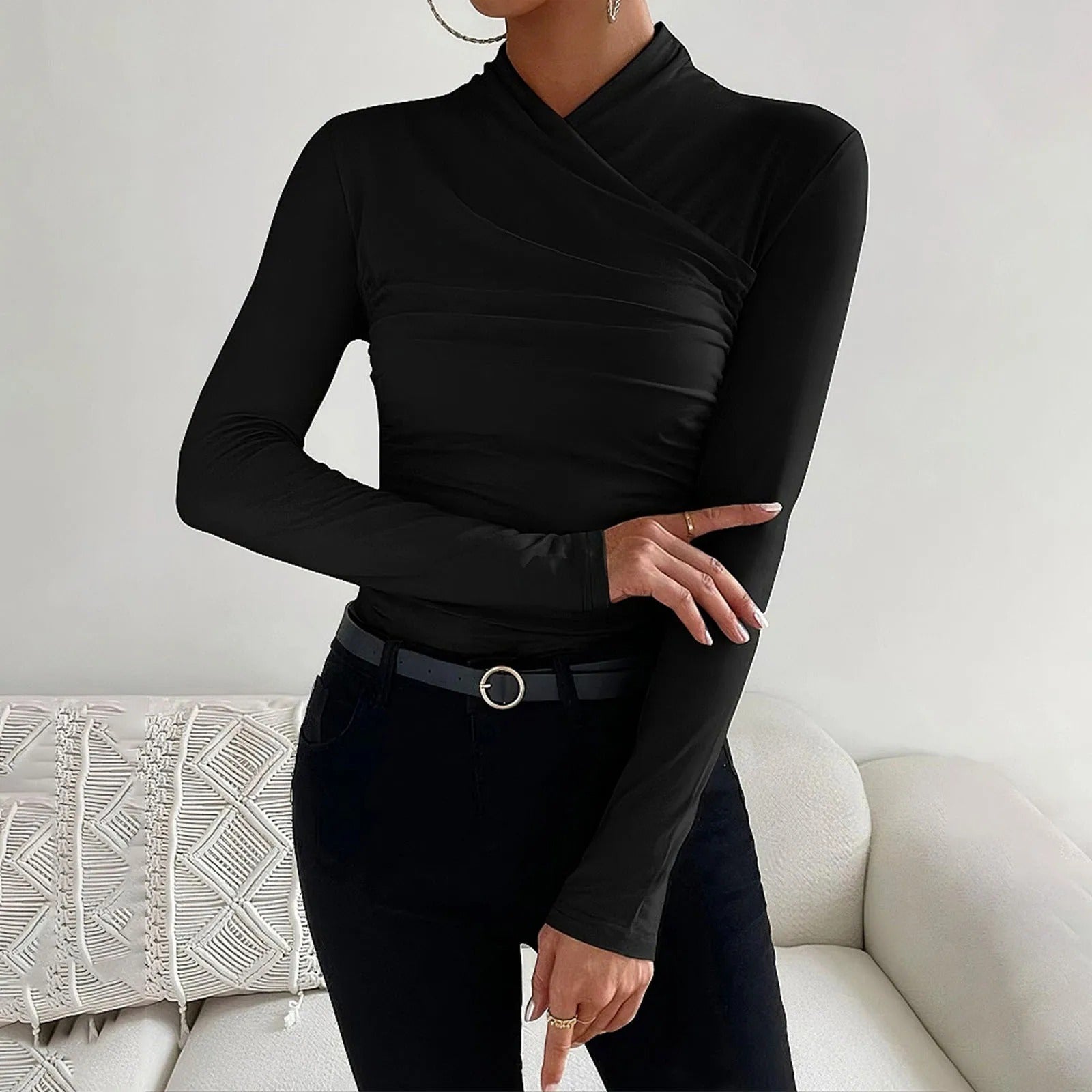Women's Wrap Blouse - Long-Sleeved - Asymmetrical High Neck - Elegant Slim Fit