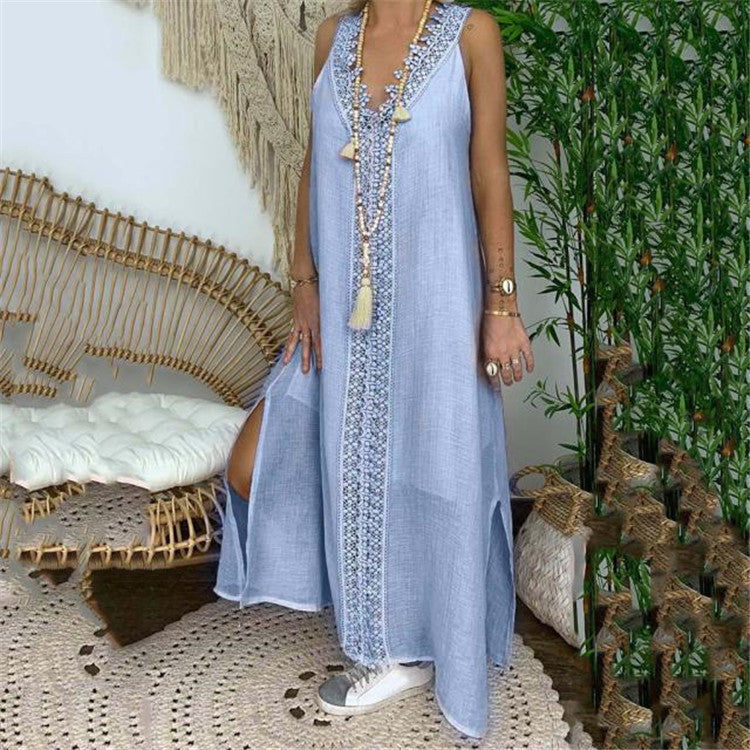 Breathable Cotton Lace Trim Relaxed Maxi Dress