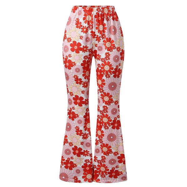 Women's Sectioned Pants - High Waist - Floral Pattern - Retro Flared Design