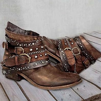 Leather Western Buckle Ankle Boots