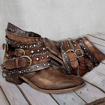Leather Western Buckle Ankle Boots