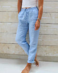 Women's Pants - Lightweight Linen Mix - Relaxed Fit - Elastic Waist with Drawstring - Ankle Length