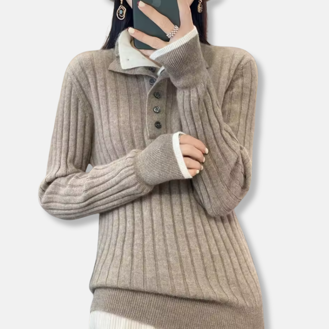 Ribbed Knit Polo Collar Pullover Sweater