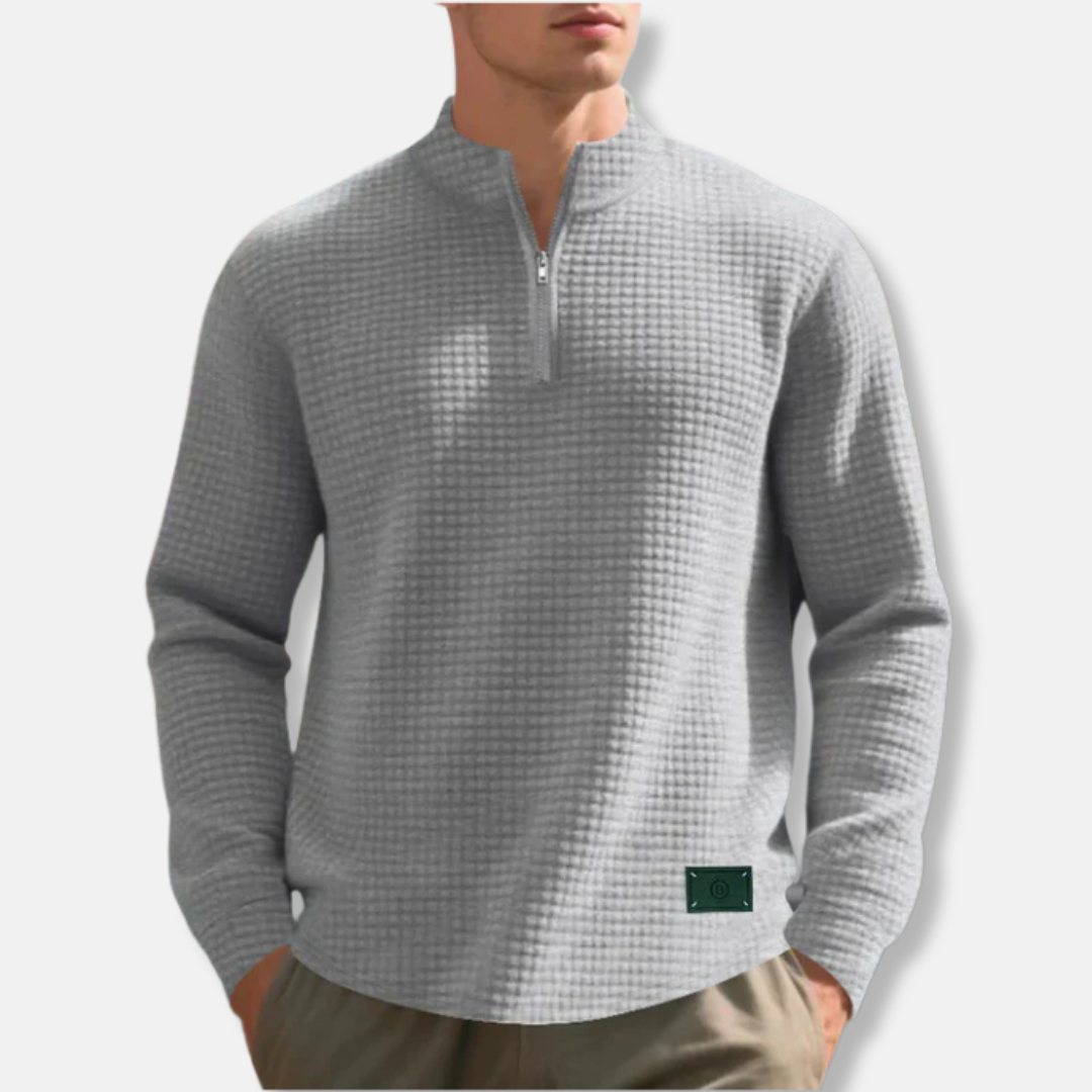 Waffle Knit Quarter Zip Mock Neck Sweater