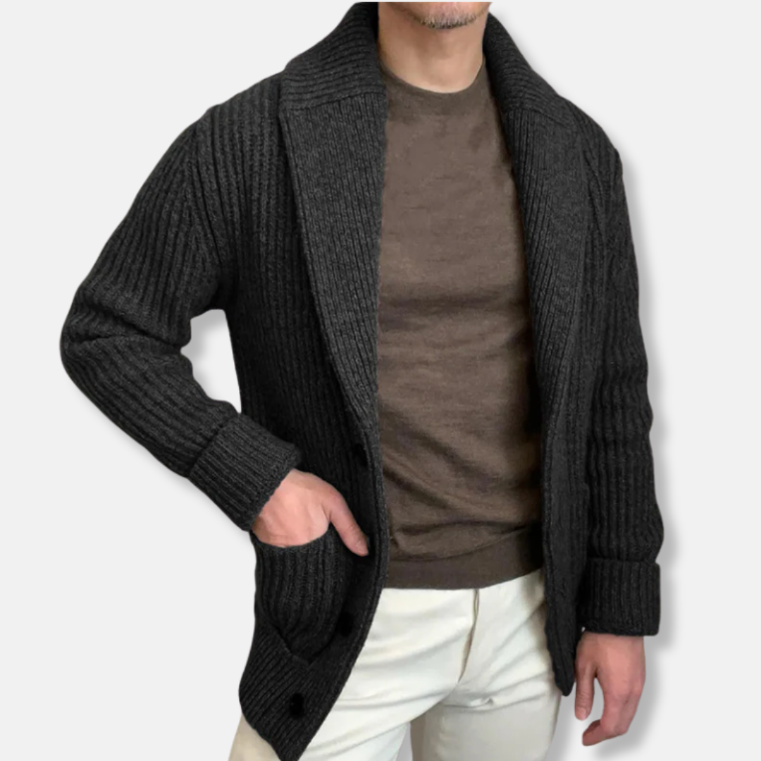 Wool Blend Shawl Collar Ribbed Knit Cardigan