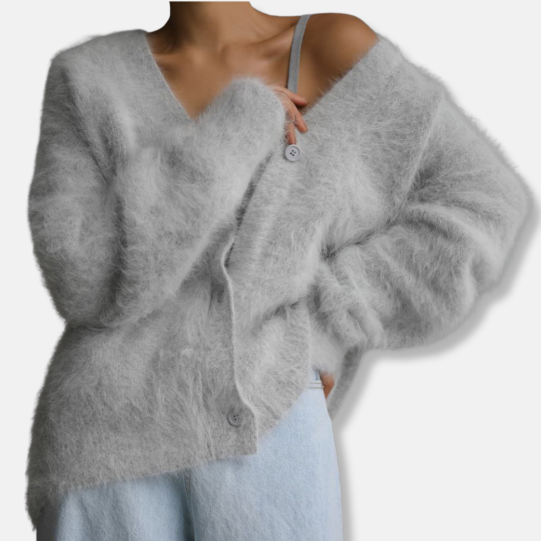 Oversized Fit Brushed Knit V-Neck Cardigan