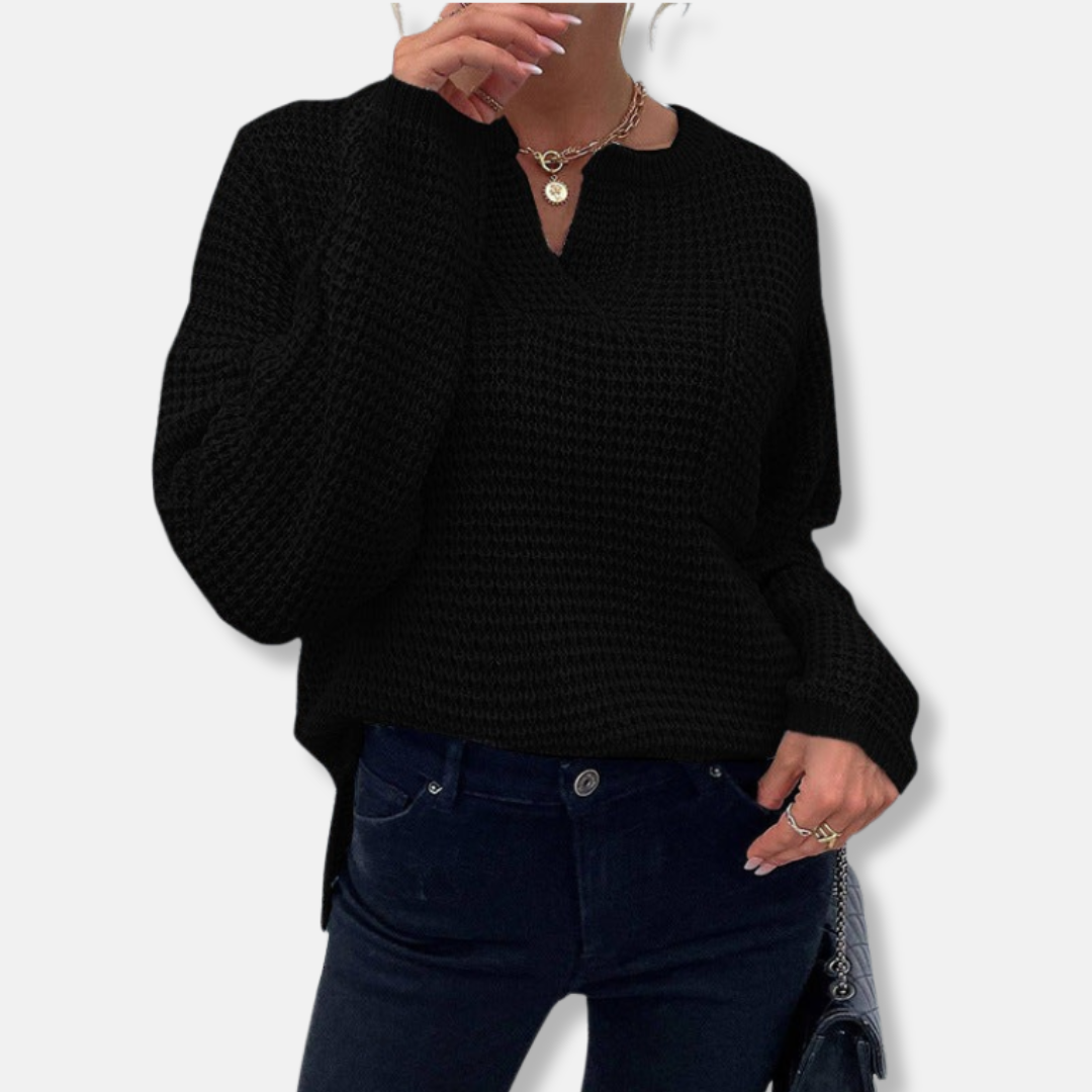 Waffle Knit Relaxed Fit Notched Neck Sweater