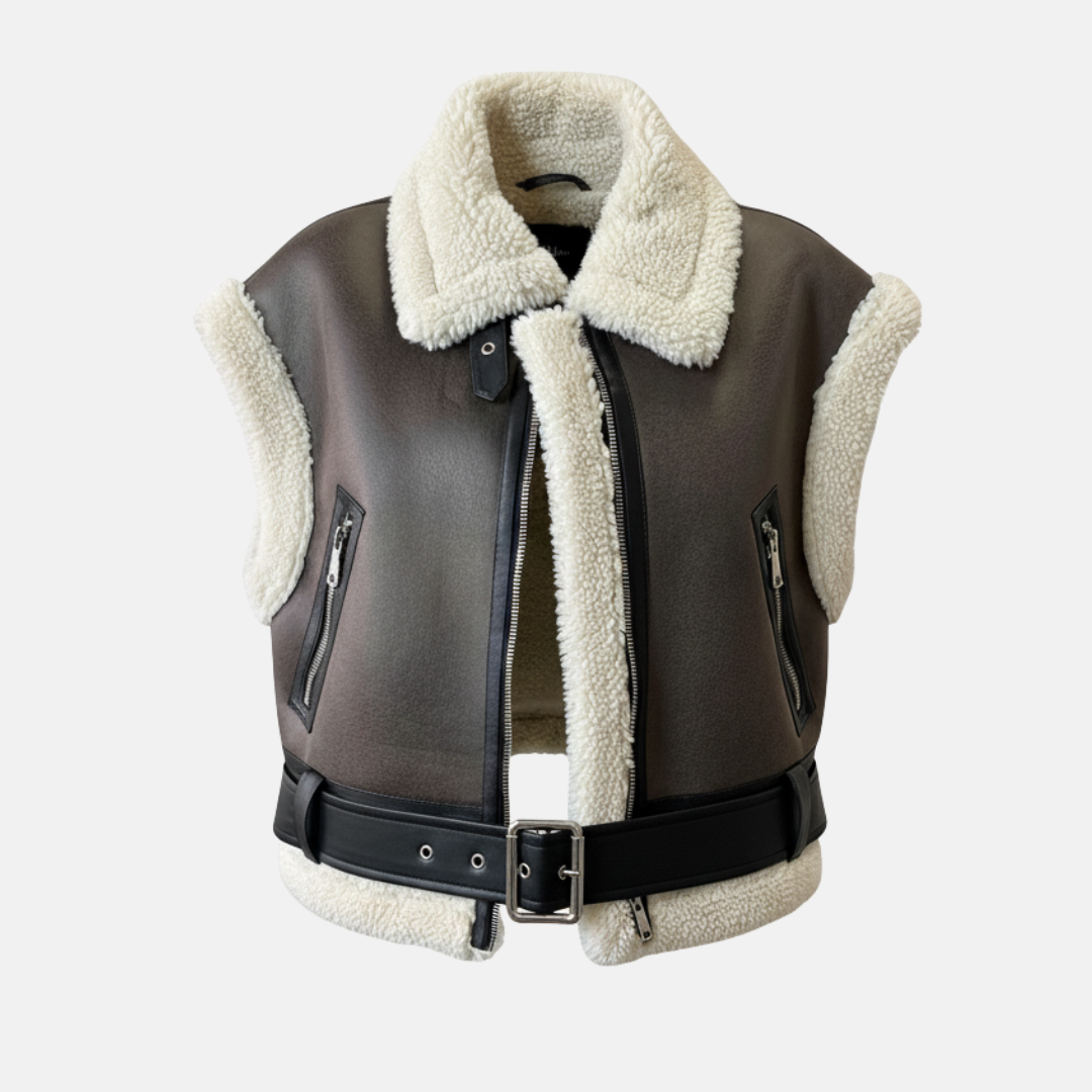 Faux Leather Notched Collar Belted Vest Jacket