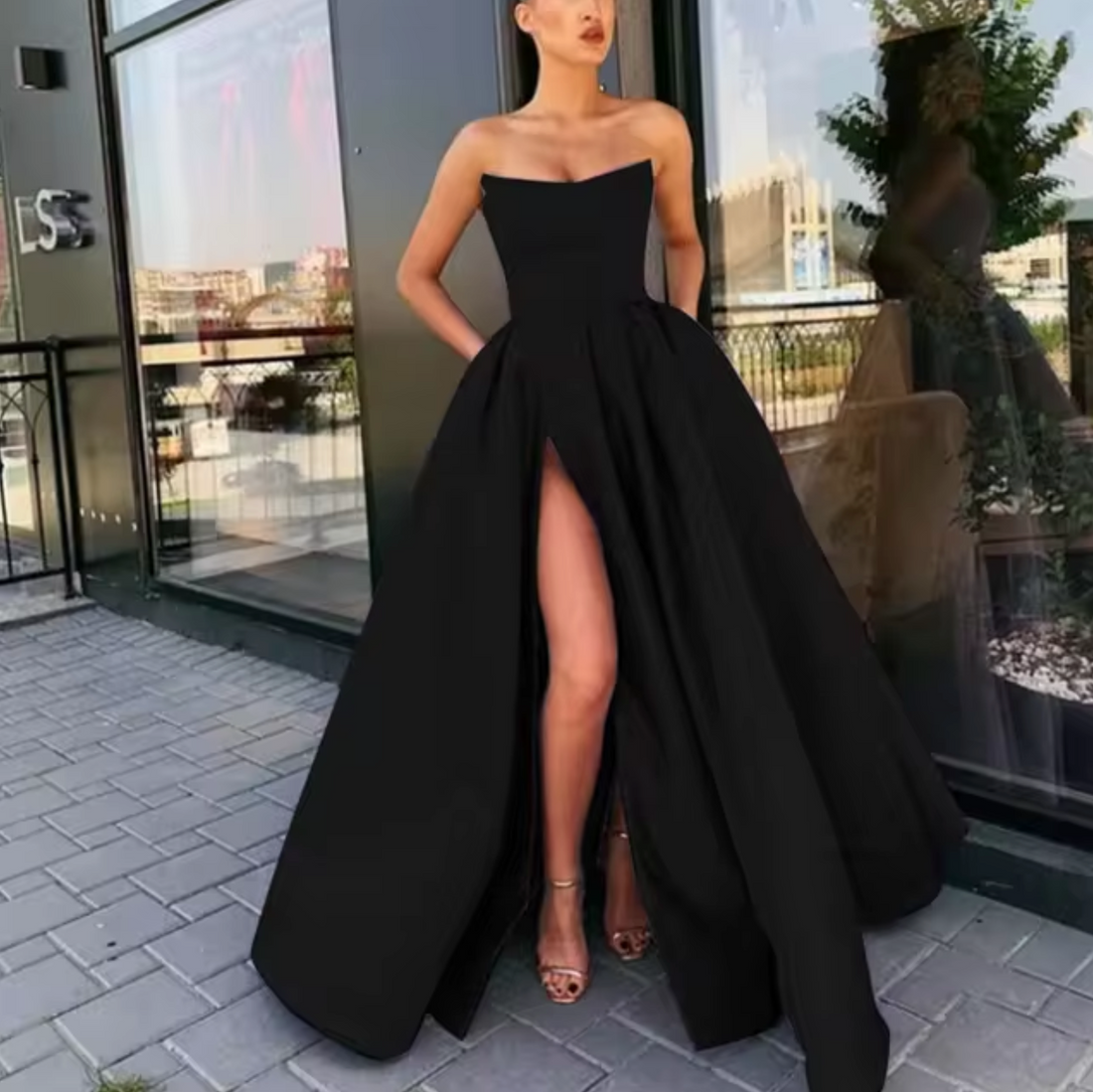Strapless A-Line High Slit Evening Dress