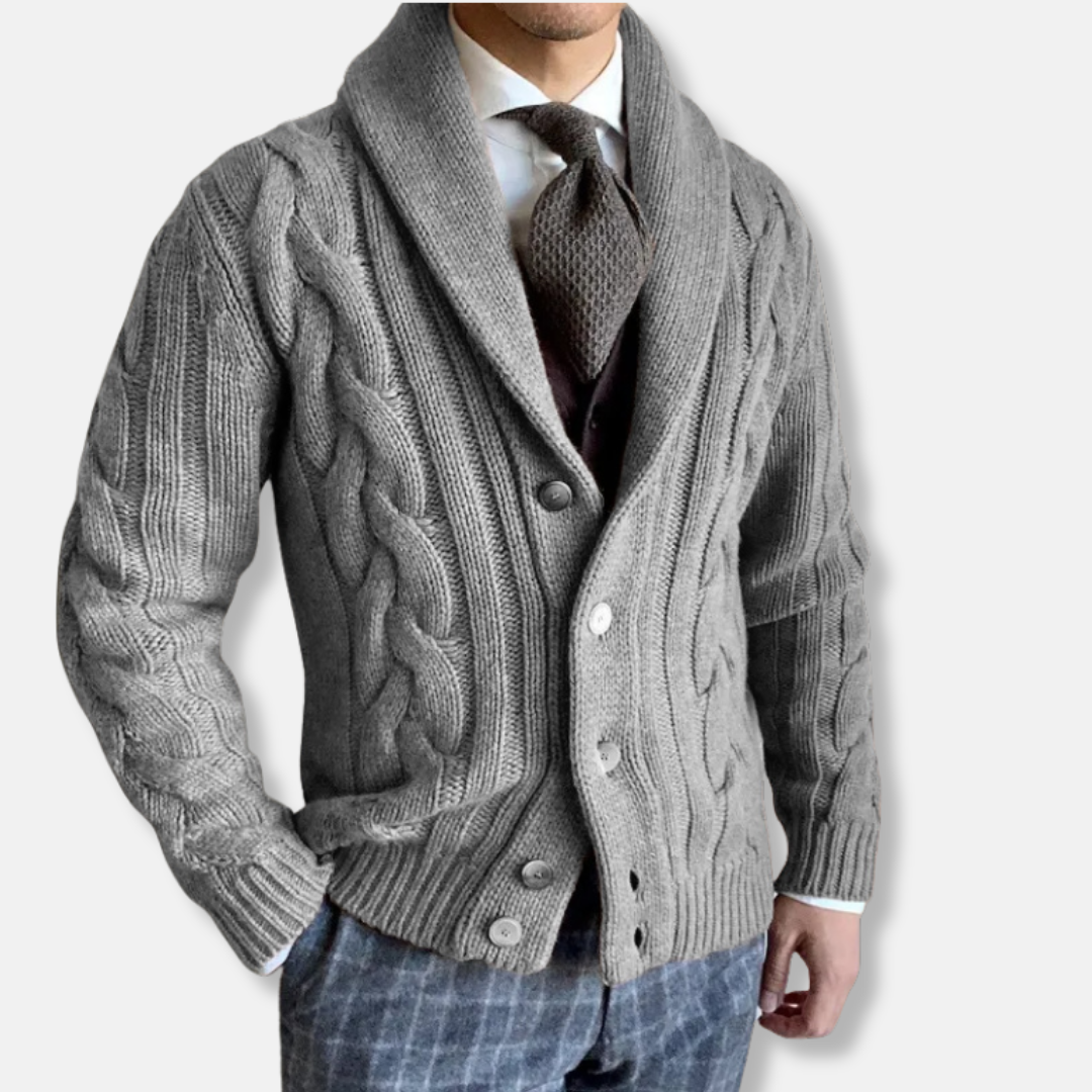 Wool Blend Cable Knit Shawl Collar Cardigan