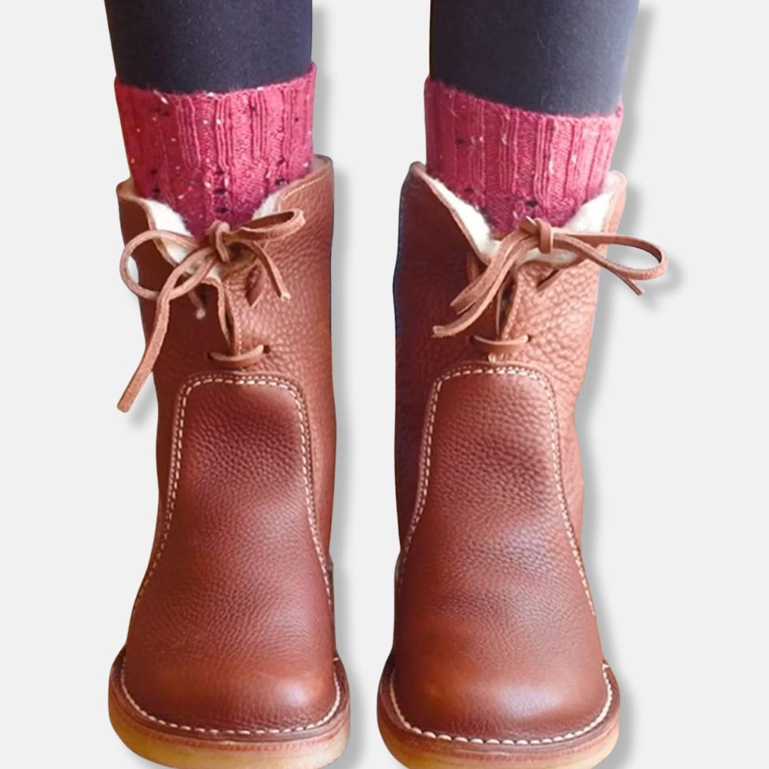 Lace-Up Leather Plush Faux Shearling Ankle Boots